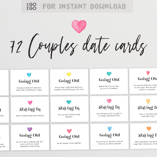 72 Couples date cards with different activities and a pink heart icon on a white background.