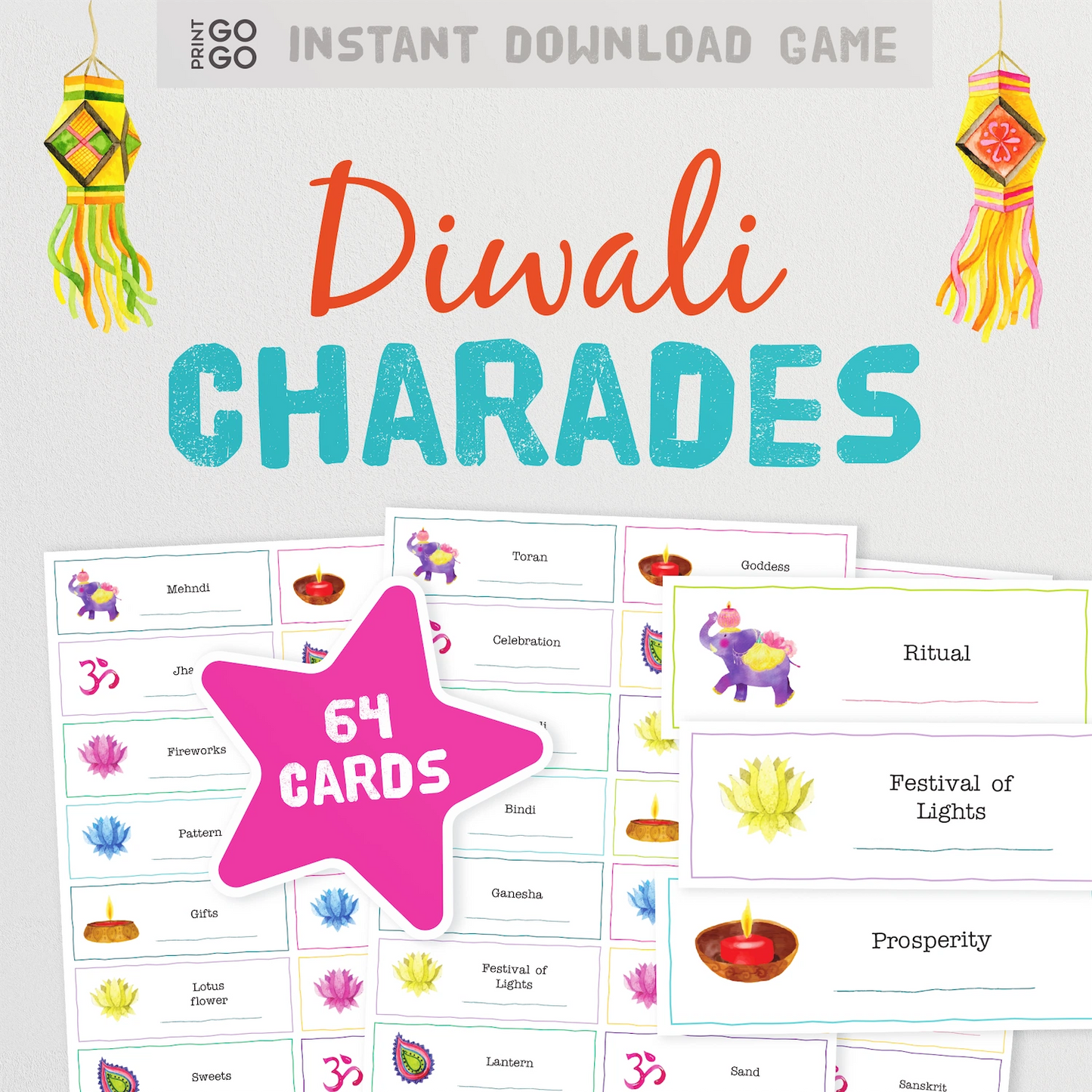 Diwali Charades - Celebrate the Festival of Light with a Fun Family Party Game of Acting Out and Guessing Phrases.