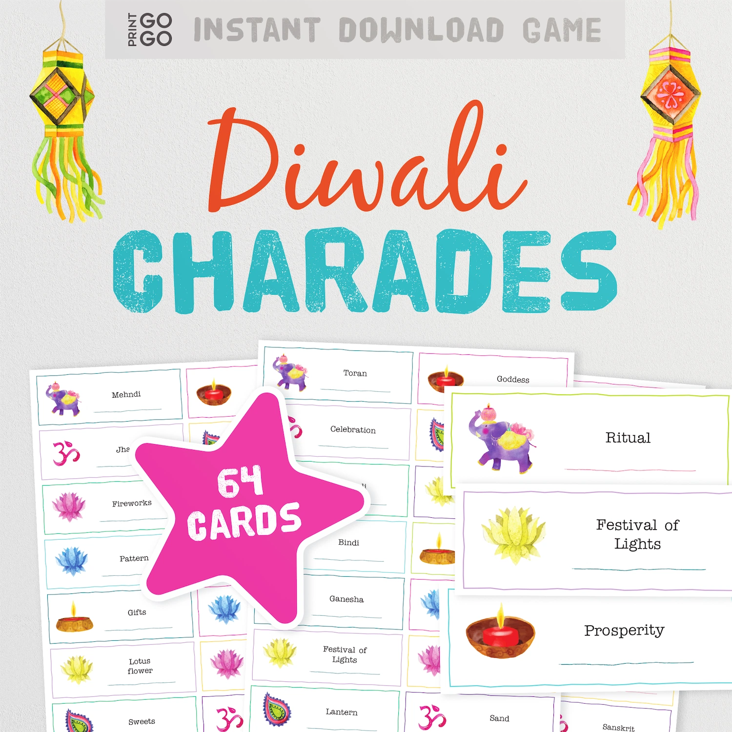Diwali Charades - Celebrate the Festival of Light with a Fun Family Party Game of Acting Out and Guessing Phrases.