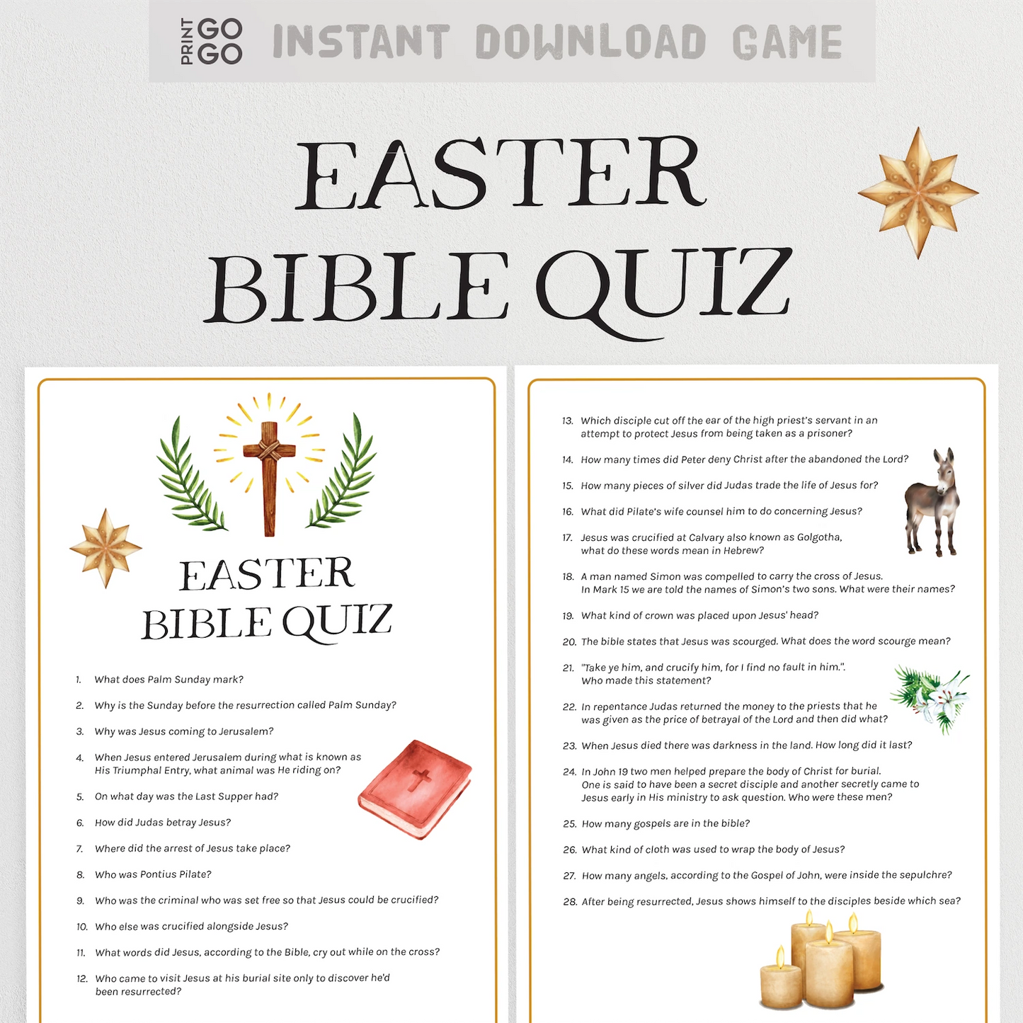 Easter Bible Quiz with religious symbols on a white background