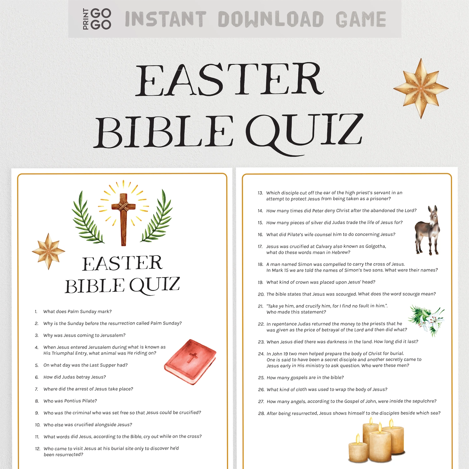 Easter Bible Quiz with religious symbols on a white background