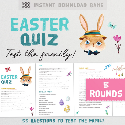 Easter quiz game with cartoon rabbit and text on a white background