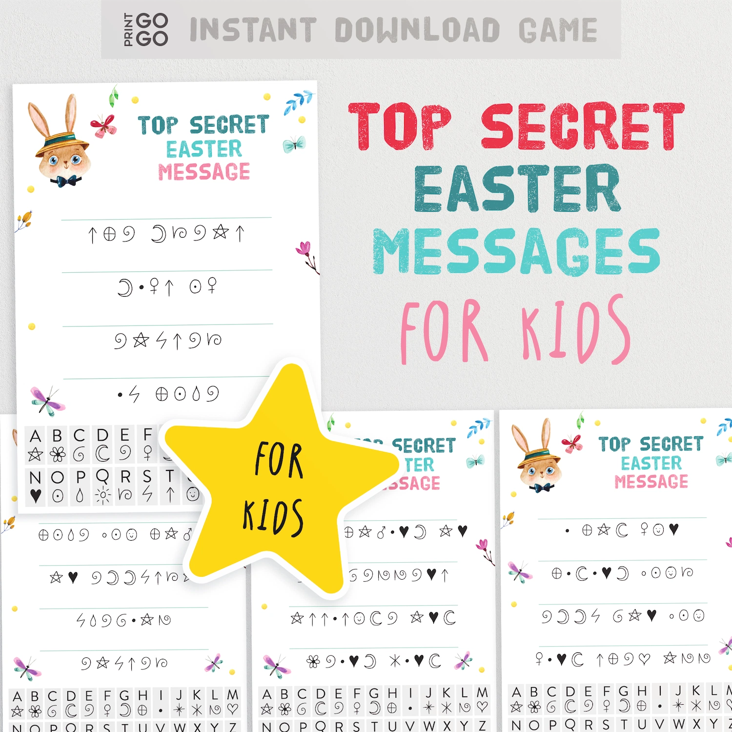 Top Secret Easter Messages for Kids with a cartoon bunny character and secret message text on a white background.