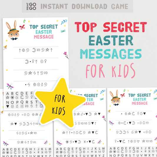 Top Secret Easter Messages for Kids with a cartoon bunny character and secret message text on a white background.