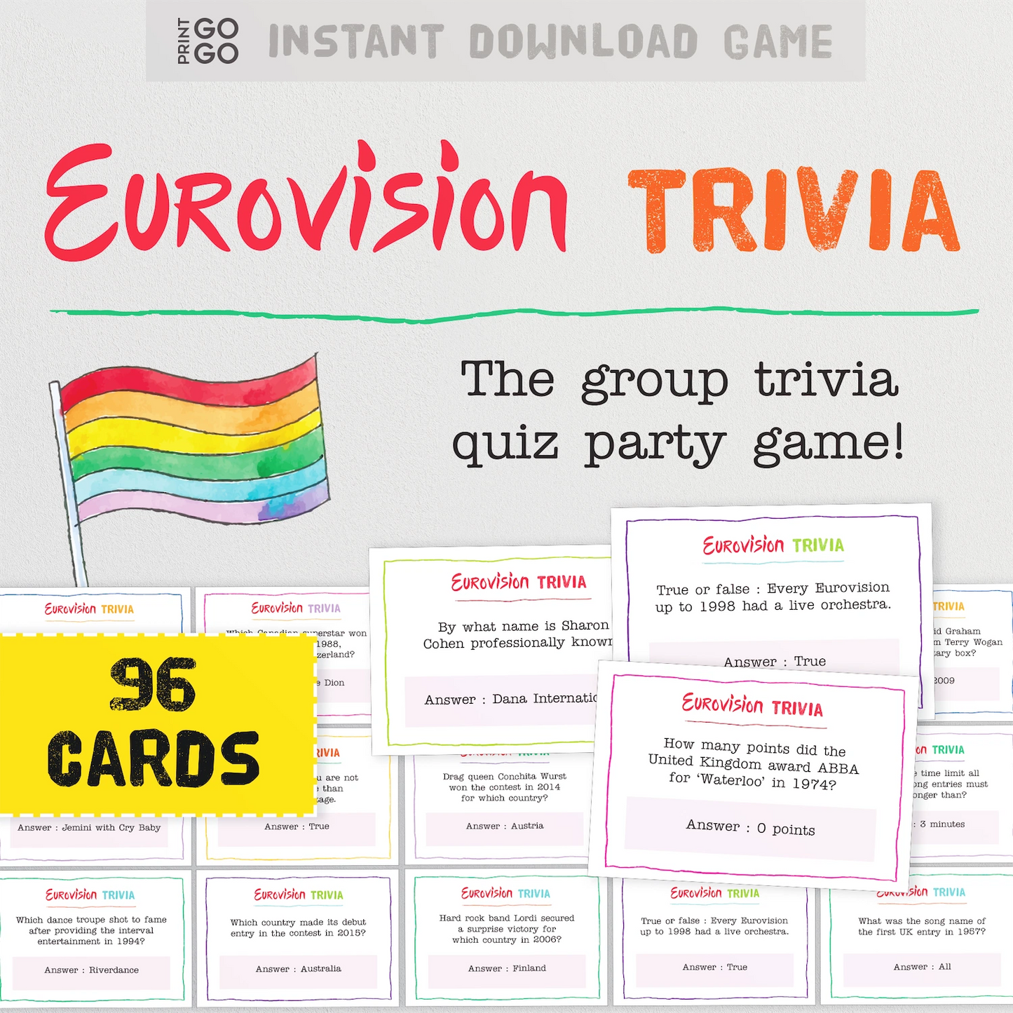 Eurovision Trivia game packaging with a rainbow flag illustration and text about the trivia game.