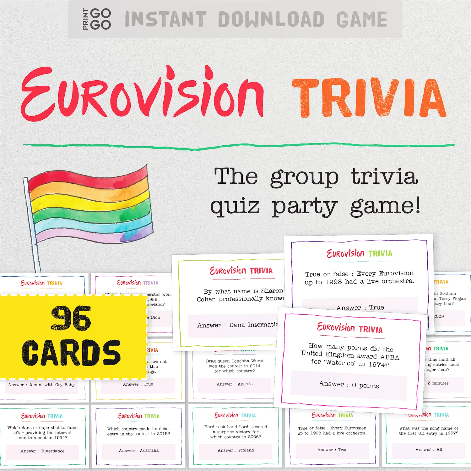 Eurovision Trivia game packaging with a rainbow flag illustration and text about the trivia game.