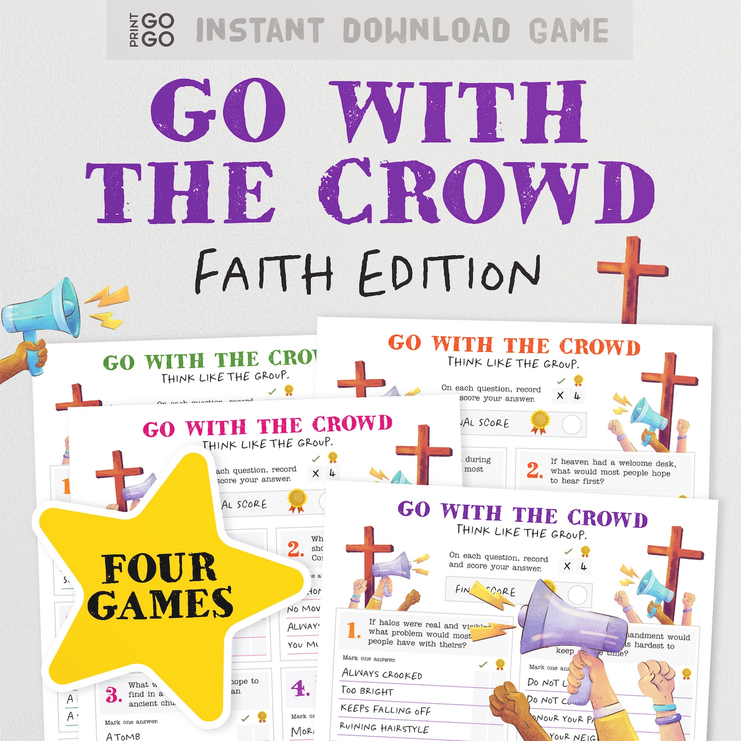 Instant download 'Go with the Crowd' Faith Edition game with colourful text and graphics on a white background.