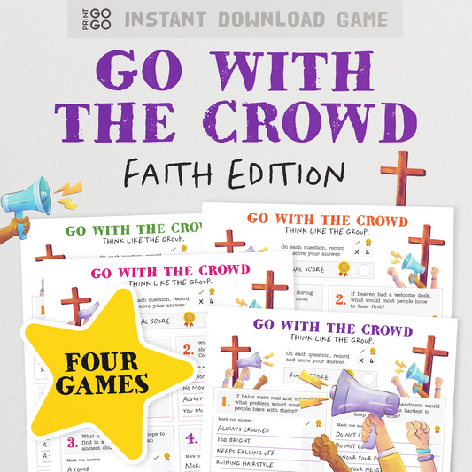 Instant download 'Go with the Crowd' Faith Edition game with colourful text and graphics on a white background.