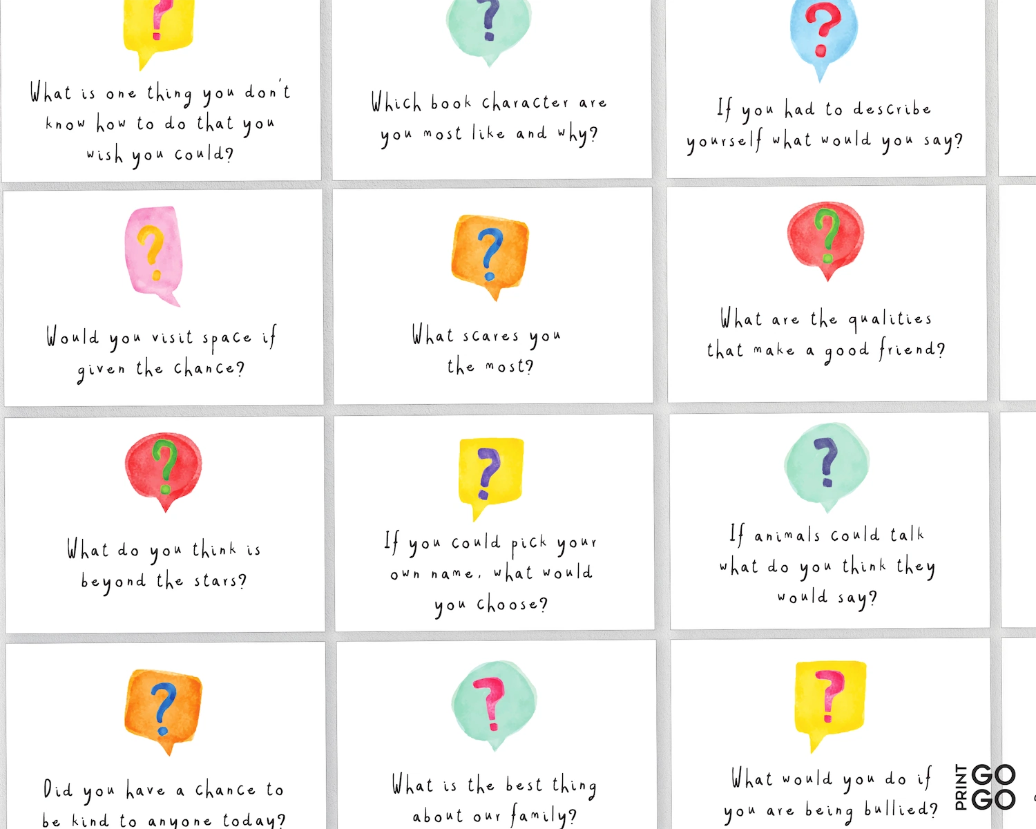 Grid of colorful question mark icons with text prompts on a white background