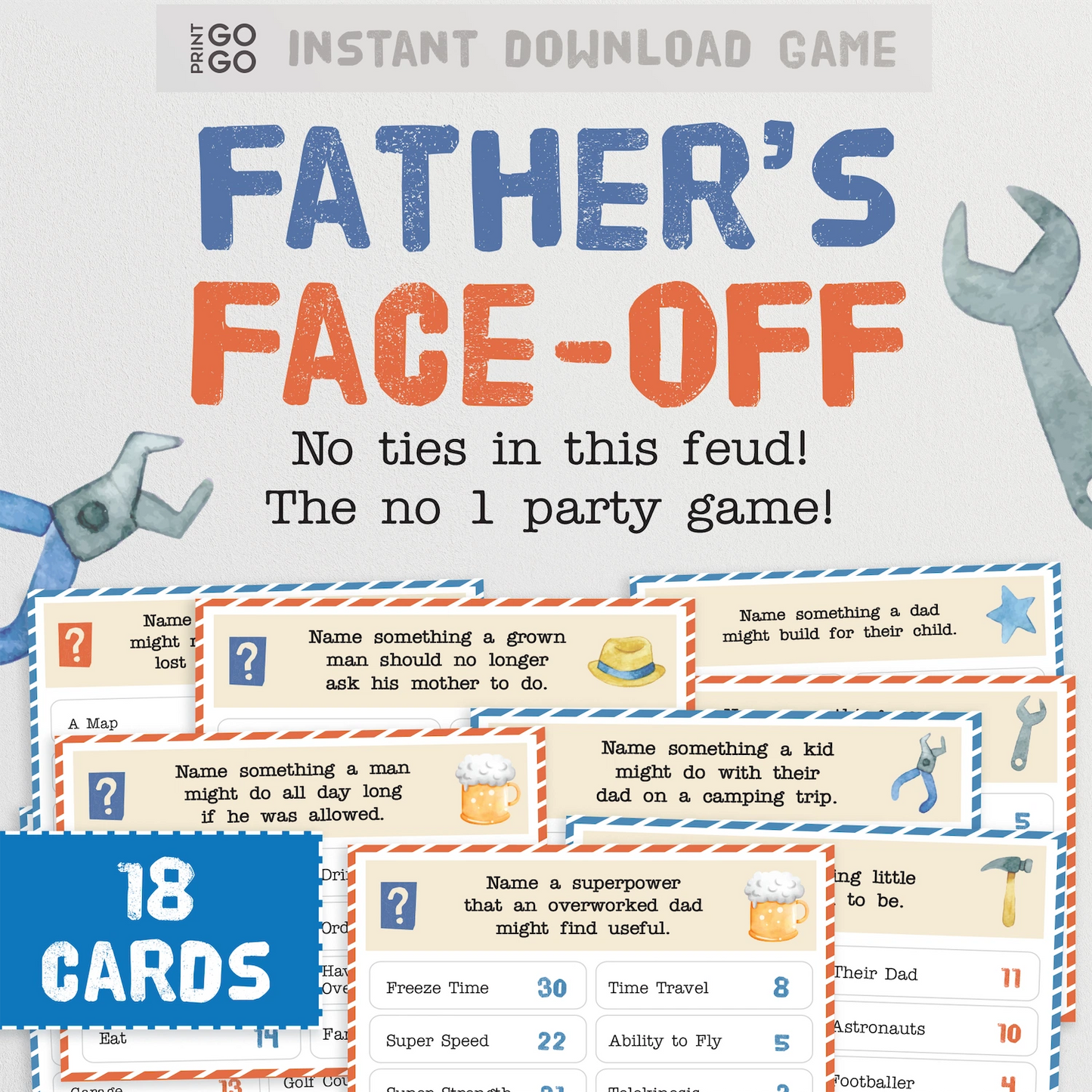 Father's Face-Off game packaging with cards and tools on a light gray background