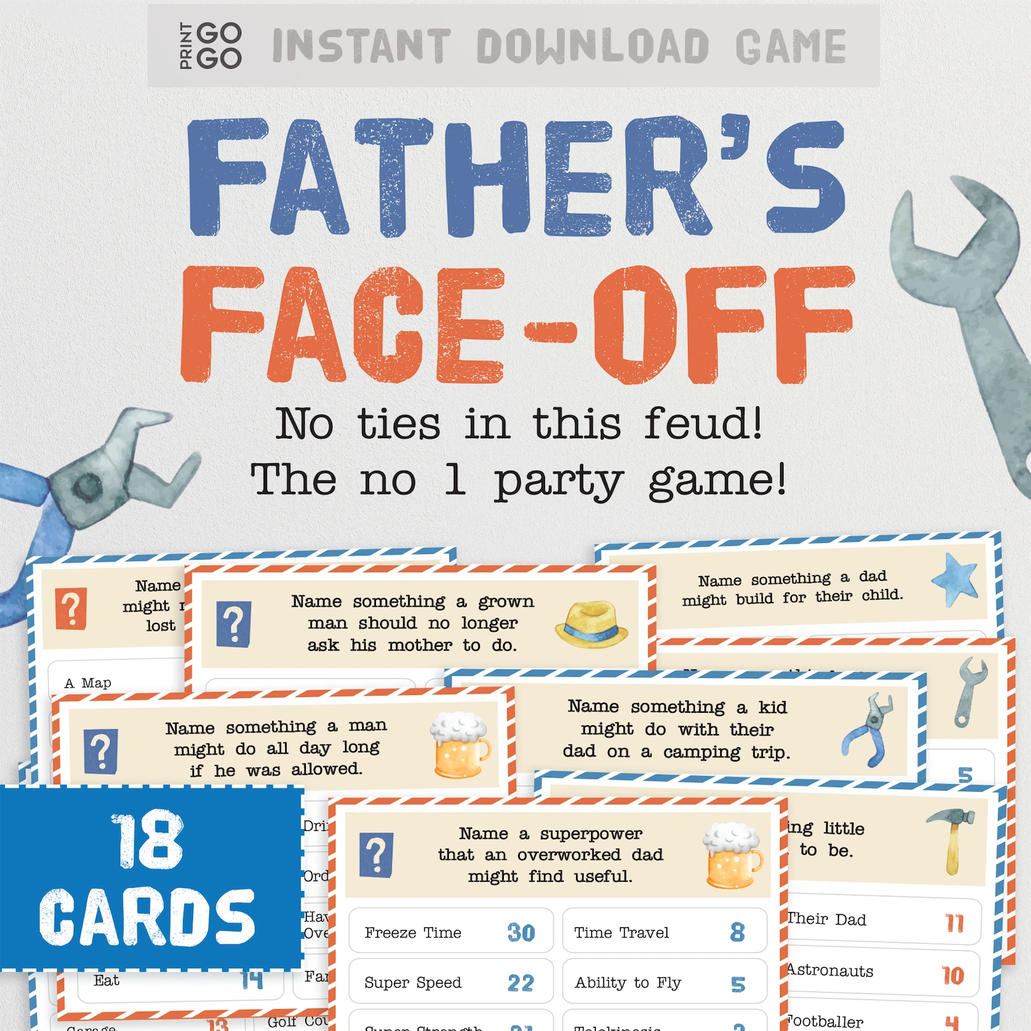 Father's Face-Off game packaging with cards and tools on a light gray background