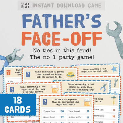 Father's Face-Off game packaging with cards and tools on a light gray background