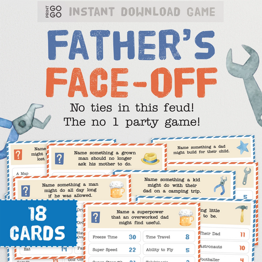 Father's Face-Off game packaging with cards and tools on a light gray background