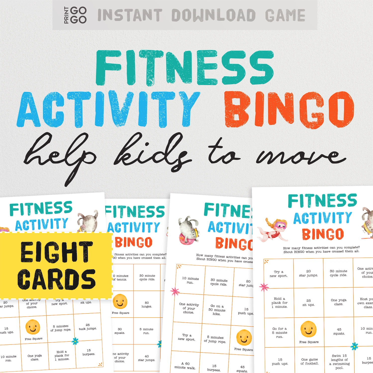 Fitness Activity Bingo game cards with colorful text on a white background