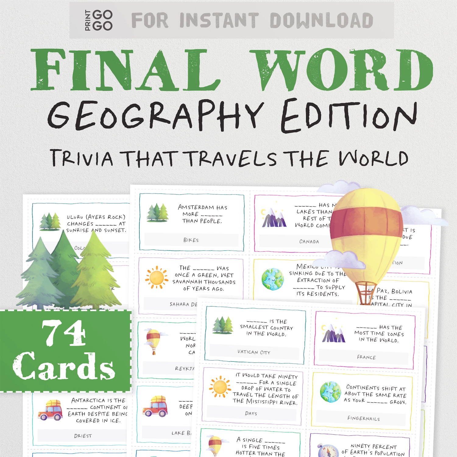 Printable geography trivia party game for groups.