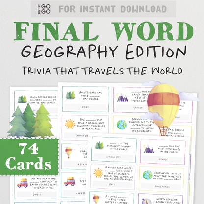 Printable geography trivia party game for groups.