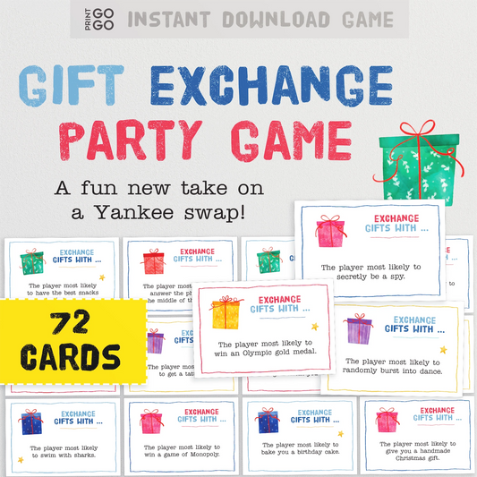 Gift exchange party game with 72 cards on a white background