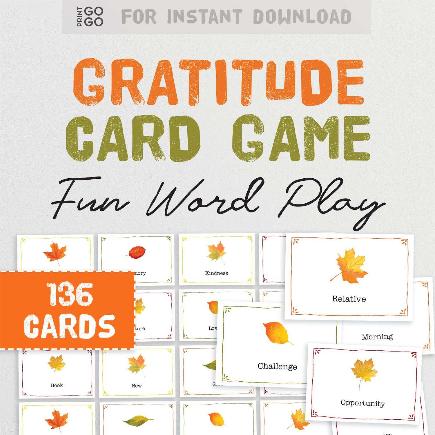 Gratitude card game with cards featuring words and leaves on a white background