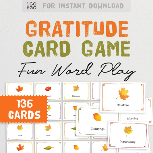 Gratitude card game with cards featuring words and leaves on a white background