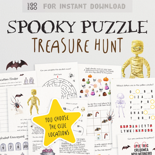 Spooky Puzzle Treasure Hunt with Halloween-themed activities and a mummy figure.