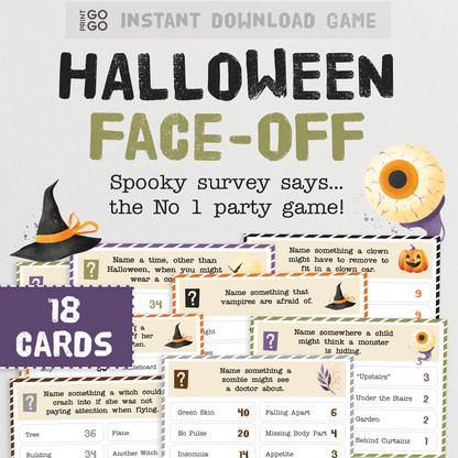 Halloween-themed game card with survey questions and graphics on a white background