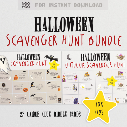 Printable Halloween Scavenger Hunt Bundle for kids with fun text riddles and halloween graphics.
