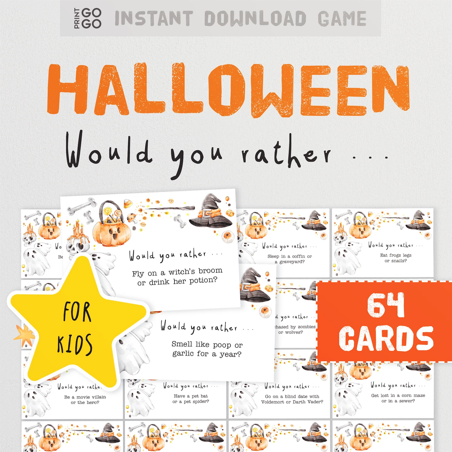 Halloween 'Would you rather' game cards for kids with pumpkins and ghosts on a white background.