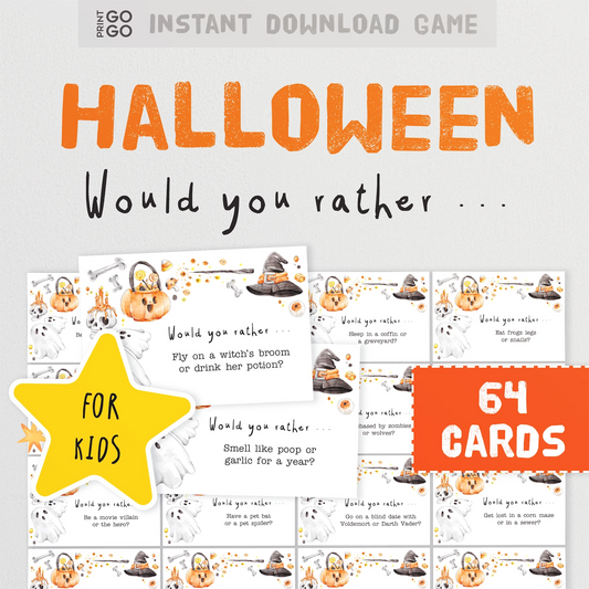 Halloween 'Would you rather' game cards for kids with pumpkins and ghosts on a white background.