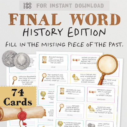 Printable party game all about history - complete the curious and surprising facts from history.