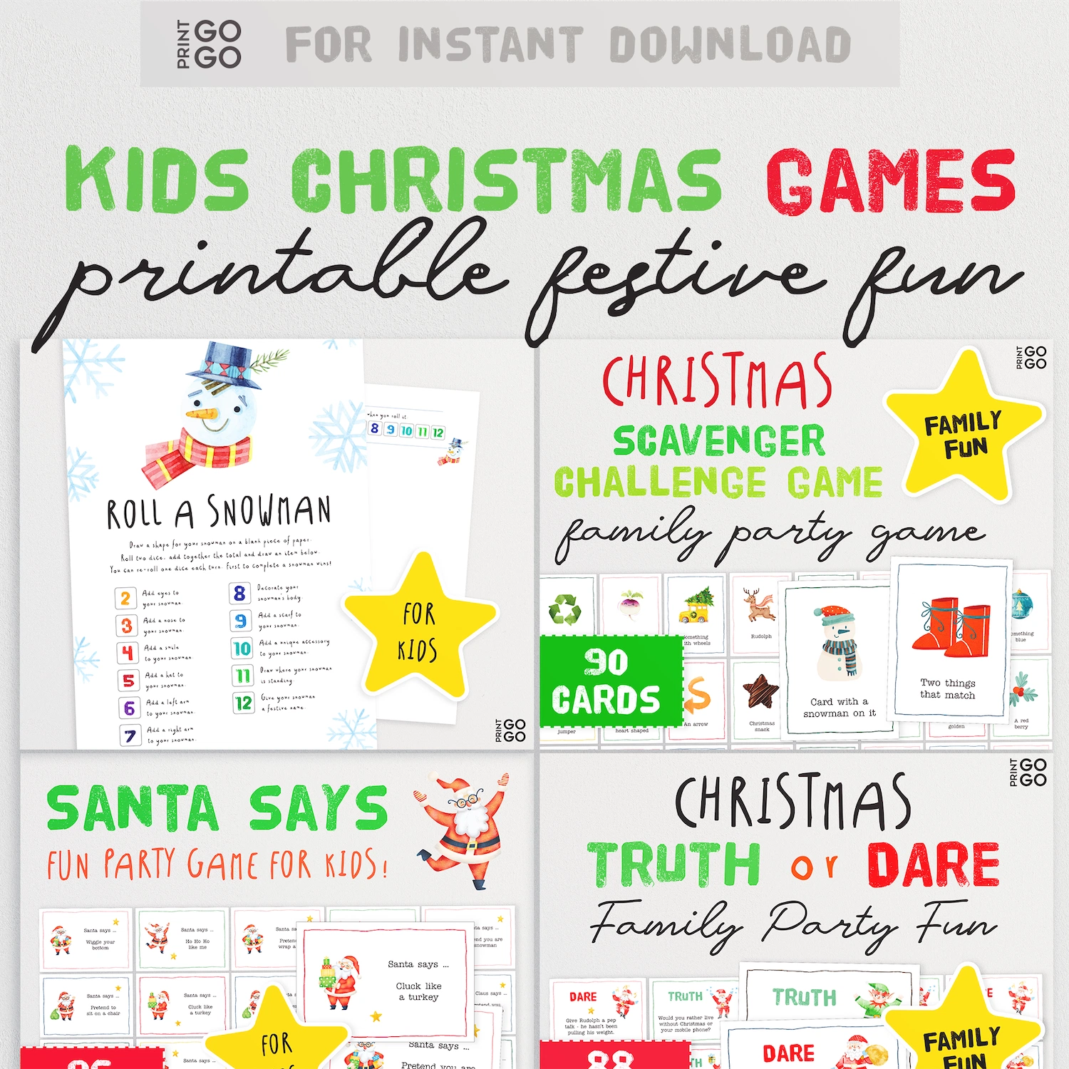 Collection of Kids Christmas Games printable activities with colorful text and graphics.