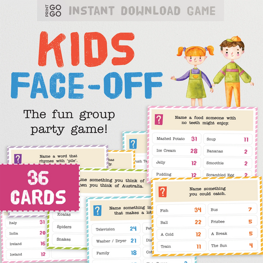 Children's party game 'Kids Face-Off' with cards and characters on a white background