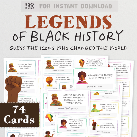 Printable Legends of Black History trivia party game for groups and Juneteenth and Black History month celebrations.