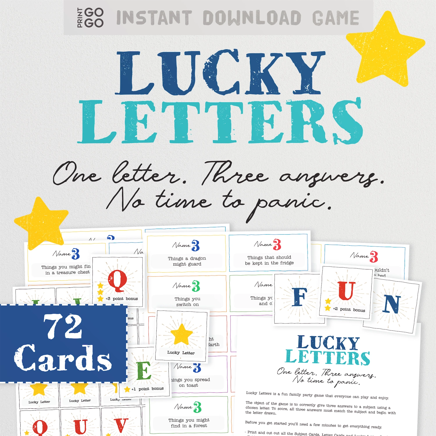 Printable party game called Lucky Letters. Features colourful letter cards and fun family category cards.