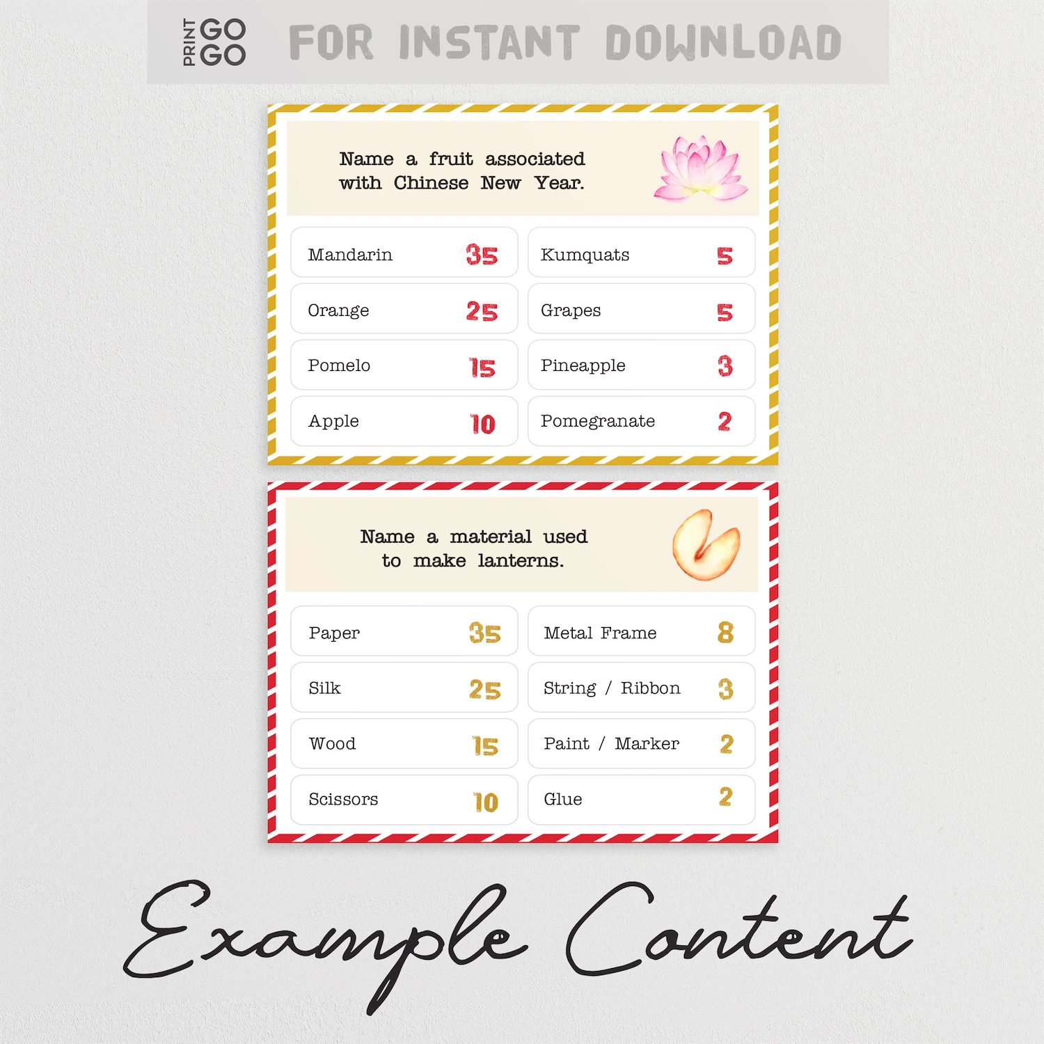Example cards from Lunar Face-Off team party game, showing quiz question and answers.