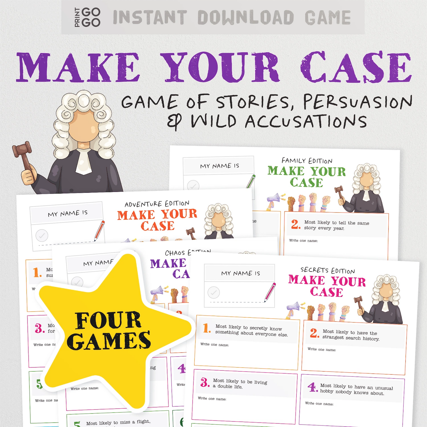 Printable family story-telling party game for families called 'Mark Your Case'.