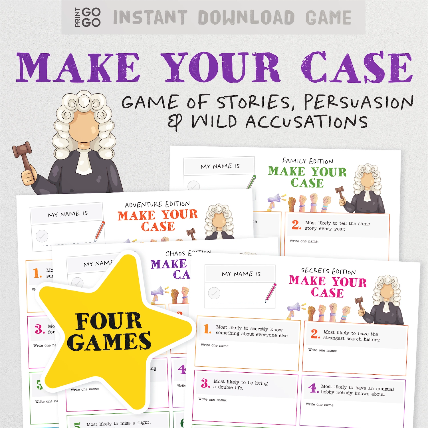 Printable family story-telling party game for families called 'Mark Your Case'.