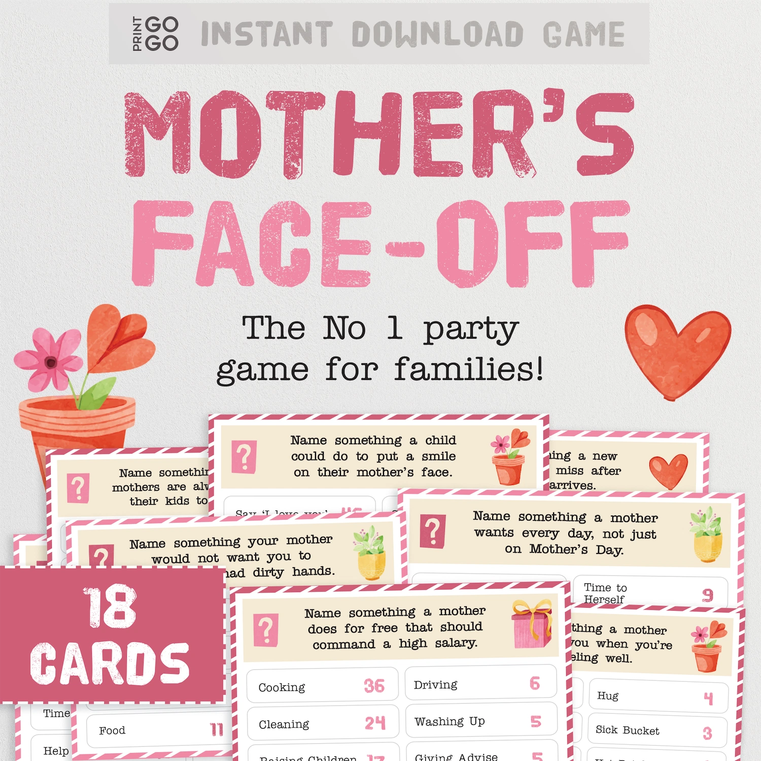Mother's Face-Off game packaging with cards and text on a light gray background