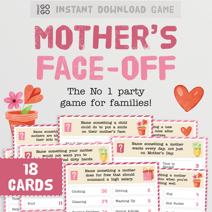 Mother's Face-Off game packaging with cards and text on a light gray background