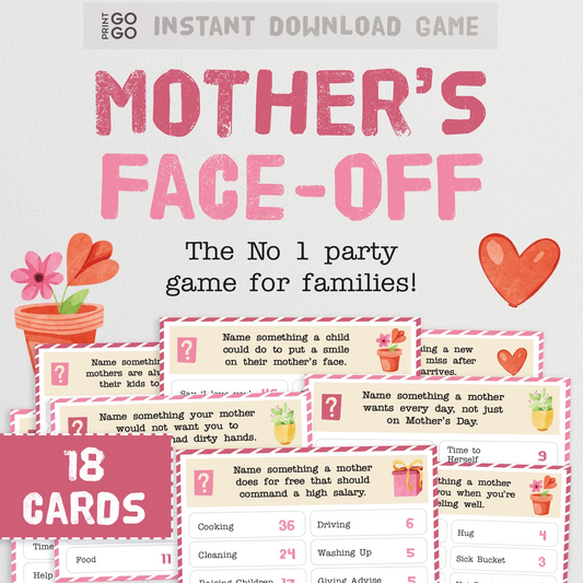 Mother's Face-Off game packaging with cards and text on a light gray background