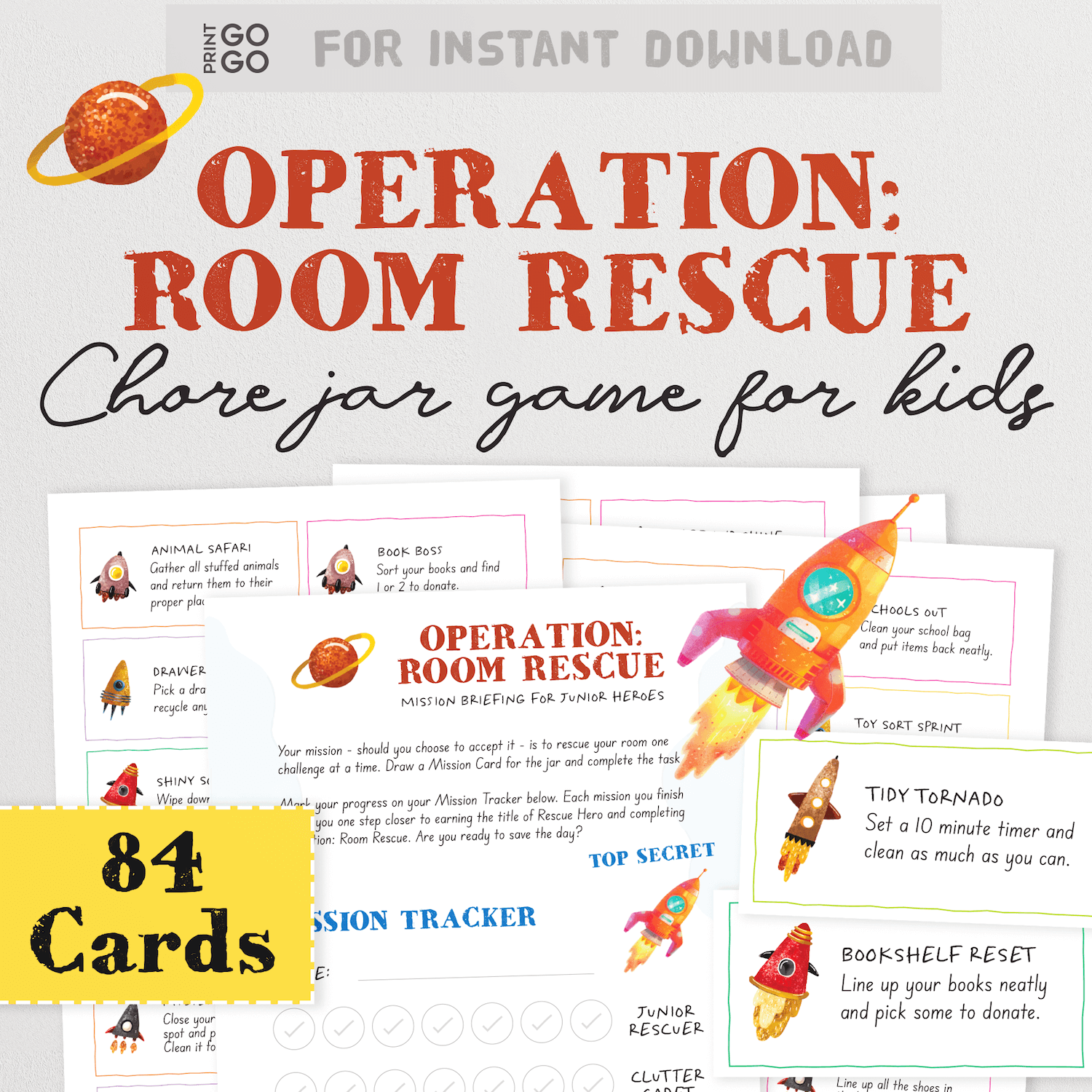 Operation: Room Rescue chore jar game for kids with colorful cards and rocket design.