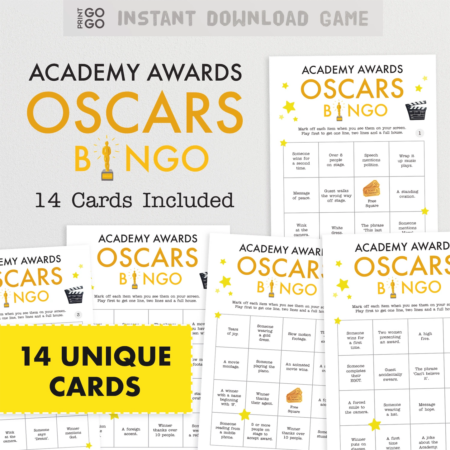 Instant download Oscars bingo cards, a group party activity.