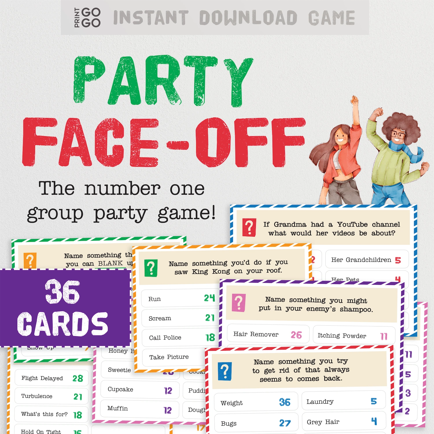 Party Face-Off game packaging with colorful text and illustrations on a light gray background.