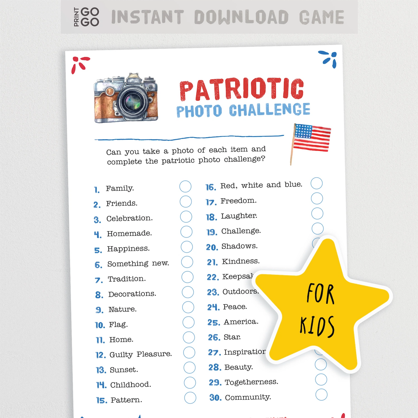 Patriotic photo challenge sheet for kids with a camera and American flag illustration.