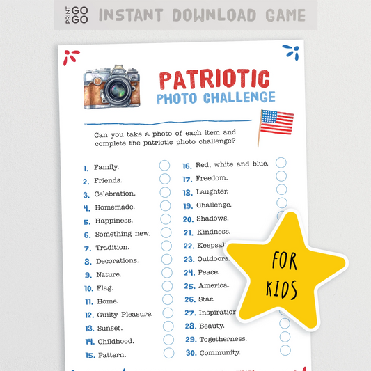 Patriotic photo challenge sheet for kids with a camera and American flag illustration.
