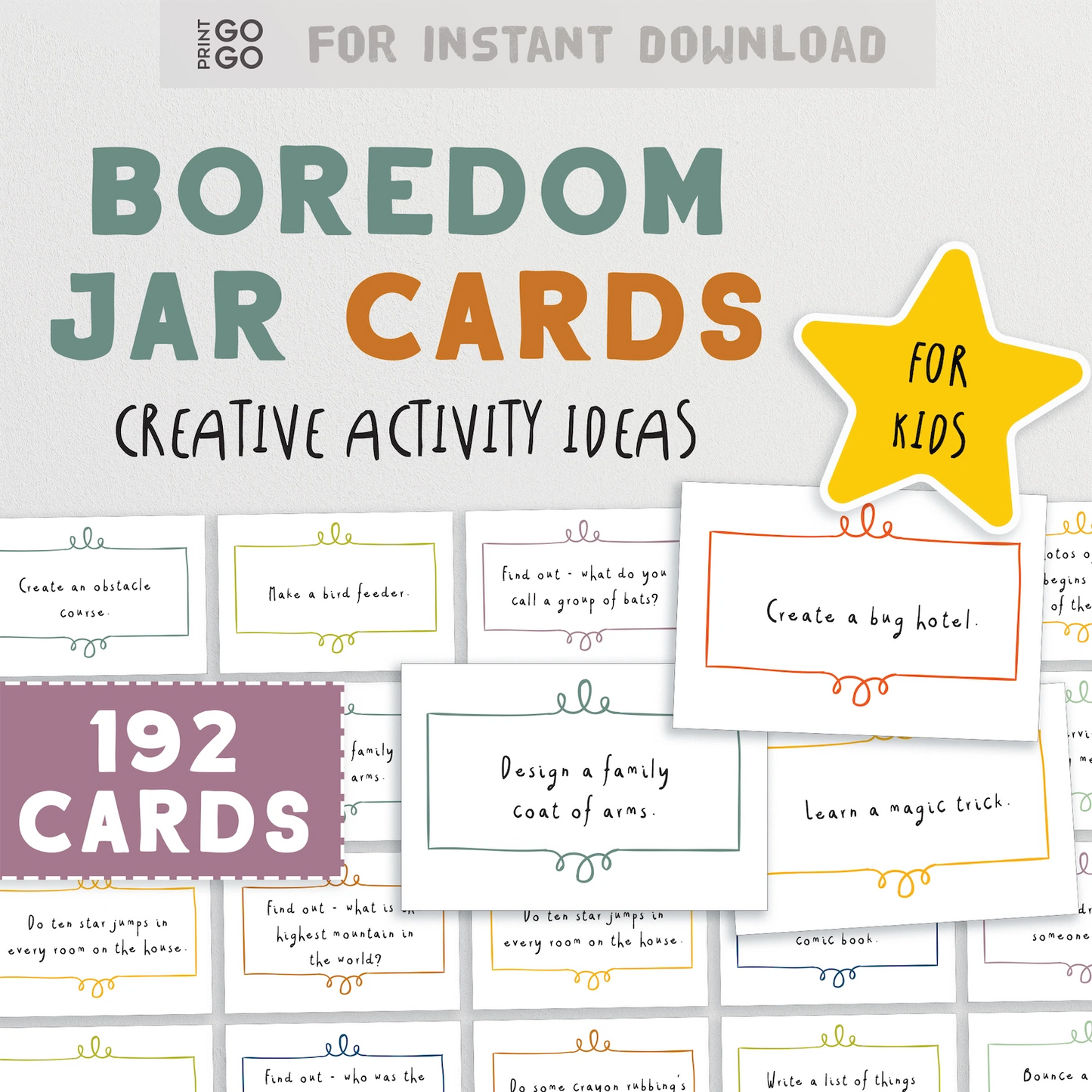 Boredom jar cards with creative activity ideas for kids on a white background