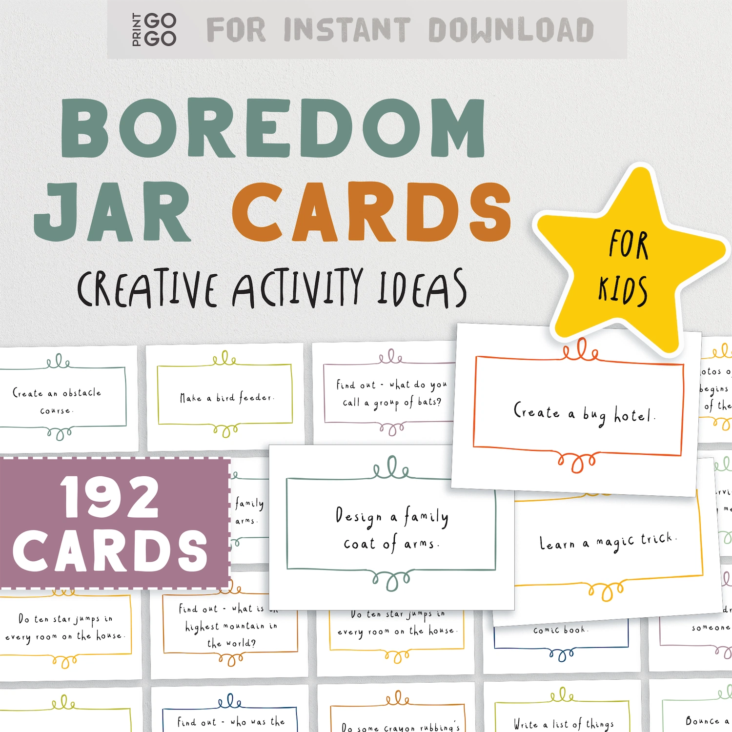 Boredom jar cards with creative activity ideas for kids on a white background