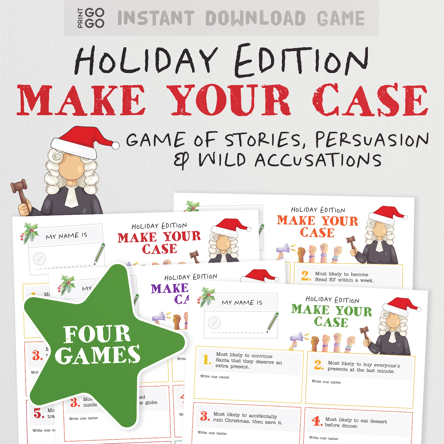 Holiday Edition Make Your Case printable game board and card set shown on a light gray background. The image includes illustrated characters in colonial dress, large title text, sample game cards, and a green star badge that says 'Four Games'.