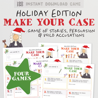 Holiday Edition Make Your Case printable game board and card set shown on a light gray background. The image includes illustrated characters in colonial dress, large title text, sample game cards, and a green star badge that says 'Four Games'.