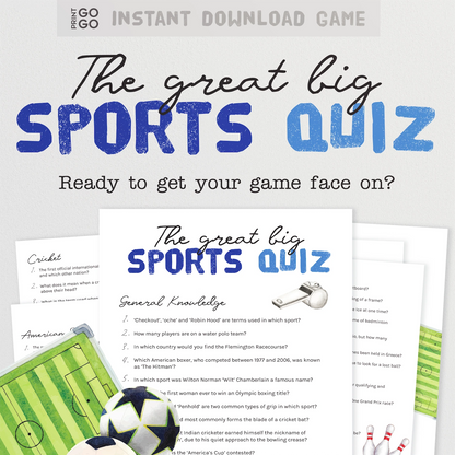 Sports quiz game with question sheets and sports-themed elements on a white background