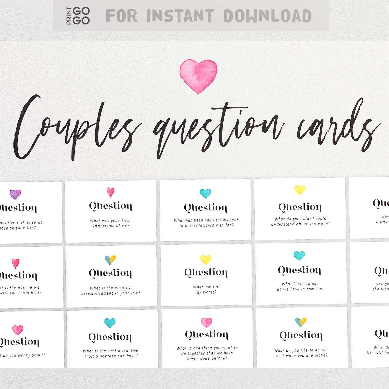 Couples question cards with colorful hearts and text on a white background
